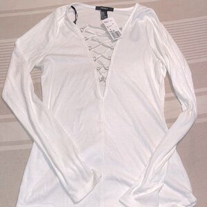 Deep V-neck lace up white long sleeve